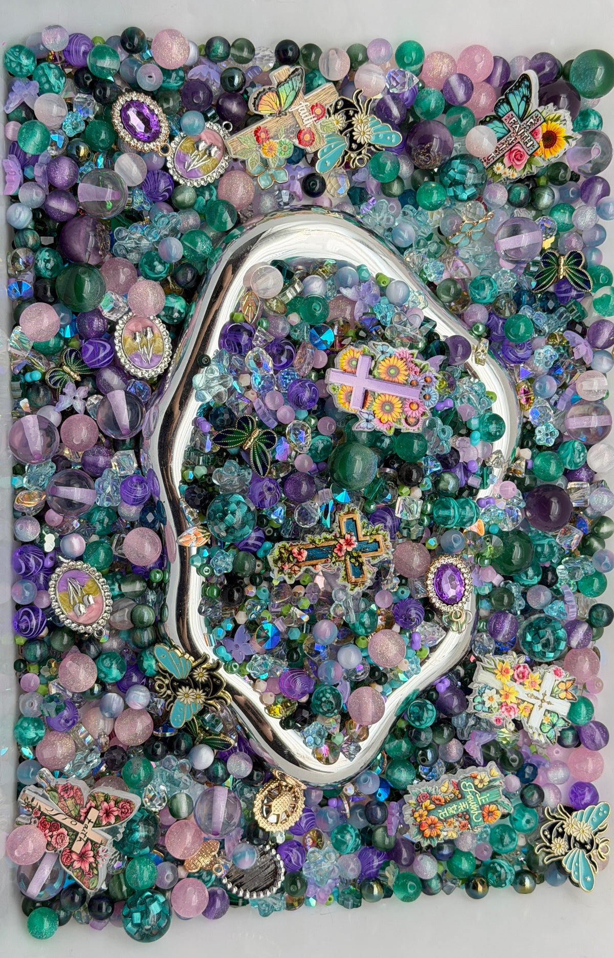 9.13 PHONE CHAIN MIX BEADS:purple cross sunflower